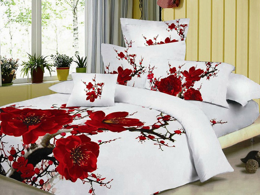 Flowers 3d Bedding Sets Bedding Set Red Wintersweet Reactive Printed 4pc 3d 100 Cotton Bed Sets White Bedsheet